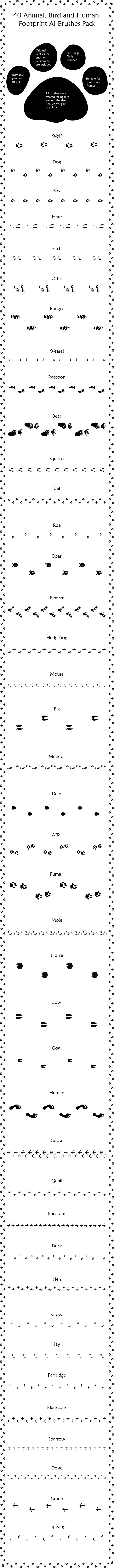40 Animal, Bird and Human Footprints Adobe Illustrator Pattern Brushes - Miscellaneous Brushes