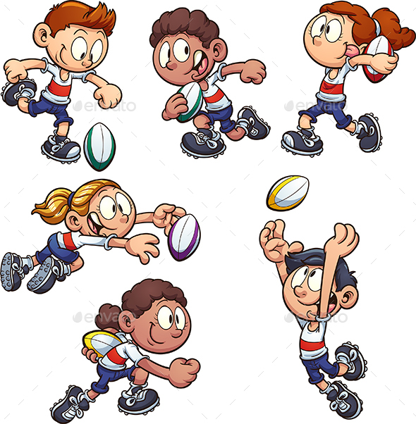 Cartoon Kids playing Rugby by memoangeles | GraphicRiver