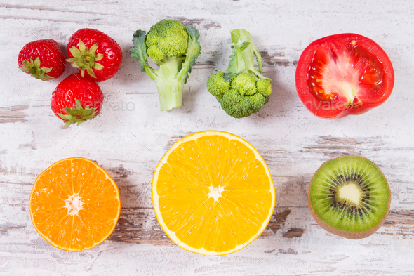 Fresh ripe fruits and vegetables as sources vitamin C, fiber and minerals - Stock Photo - Images