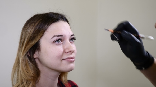 Male Beautician in Black Gloves Making Permanent Makeup Procedure on Female Eyebrows Beautician