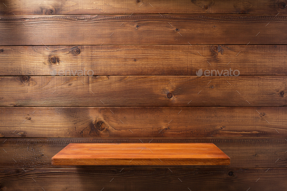 shelf at wooden background wall Stock Photo by seregam | PhotoDune