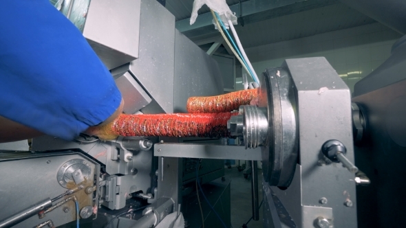 A Person Is Allocating Packaging on a Factory Machine Which Is Filling It with Meat alt