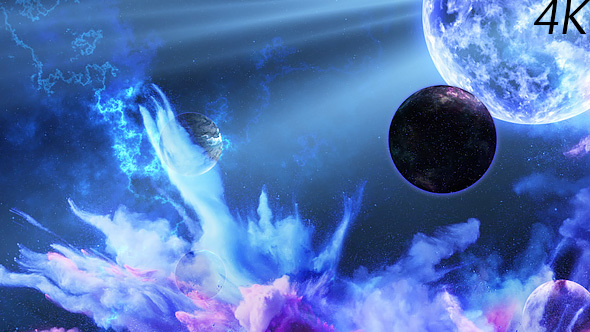 Abstract Nebula in Space with Big Blue Star and Planets and Energy Flares