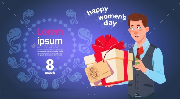 Man Hold Gift Box For 8 March Holiday Happy - Backgrounds Decorative
