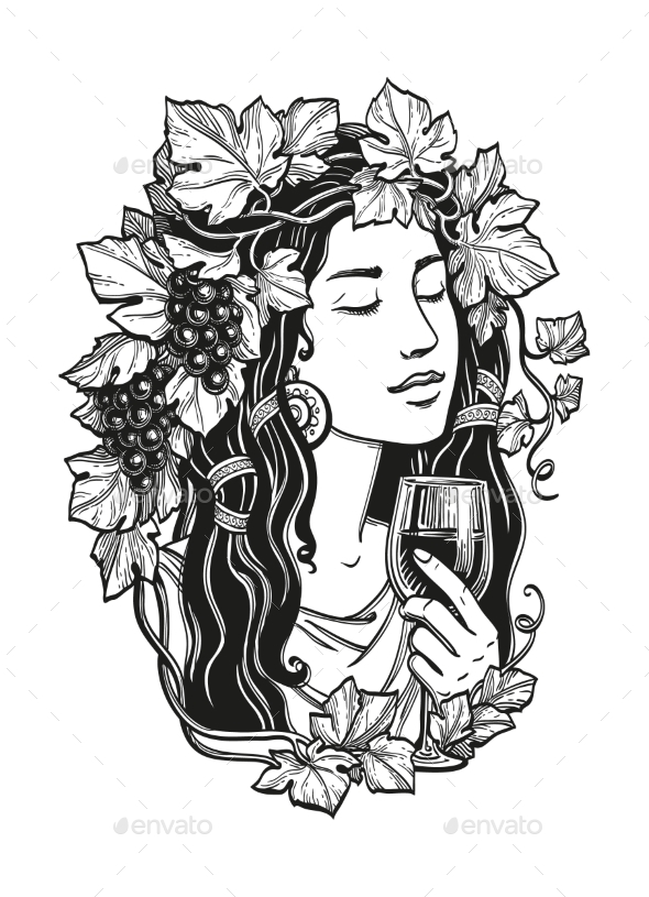 Woman with Grapes and Wine. - Food Objects