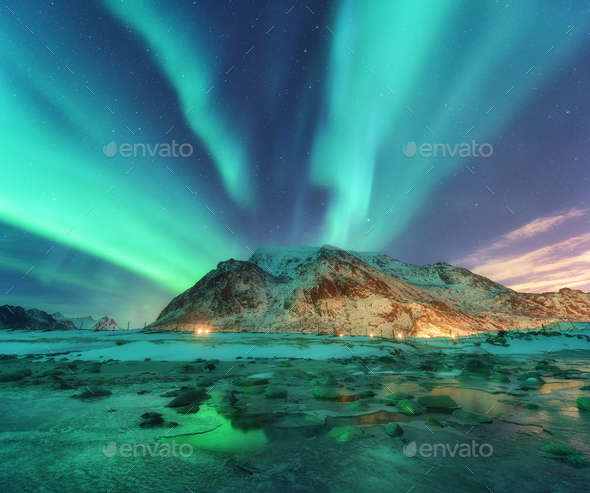 Aurora. Nothern lights in Lofoten islands, Norway - Stock Photo - Images