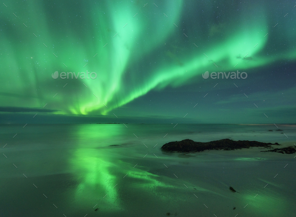 Aurora on the sea. Northern lights in Lofoten - Stock Photo - Images