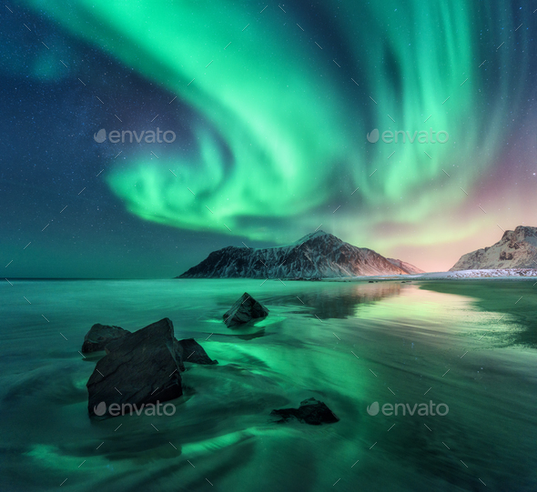 Aurora. Nothern lights in Lofoten islands, Norway - Stock Photo - Images