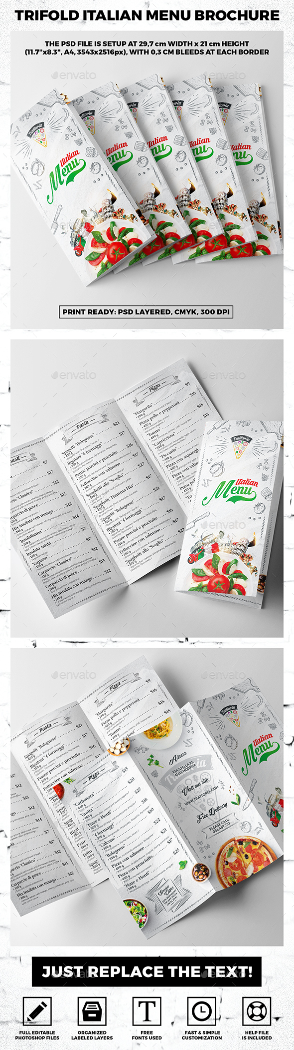 Trifold A4 Italian Menu Brochure vol.3 - Food Menus Print Templates