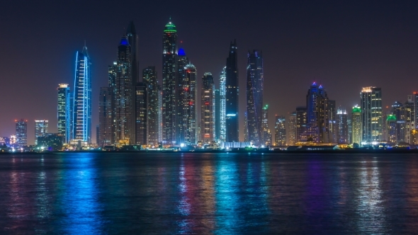 Dubai Marina Night Light Illumination Palm Jumeirah Bay 