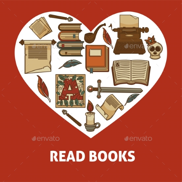 Read Books Poster with Old Relics Set Inside Heart - Miscellaneous Vectors