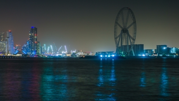 The Ain Dubai Ferris Wheel Under Construction, Night Cityscape with Illumination, Bluewater Island alt