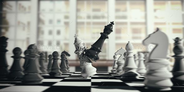 White chess king broken by the black king, on a chessboard, blur background.  3d illustration Stock Photo by rawf8