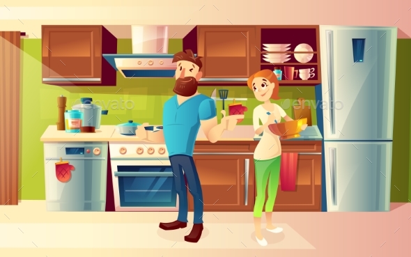 Vector Cartoon Happy Couple in a Modern Kitchen - People Characters
