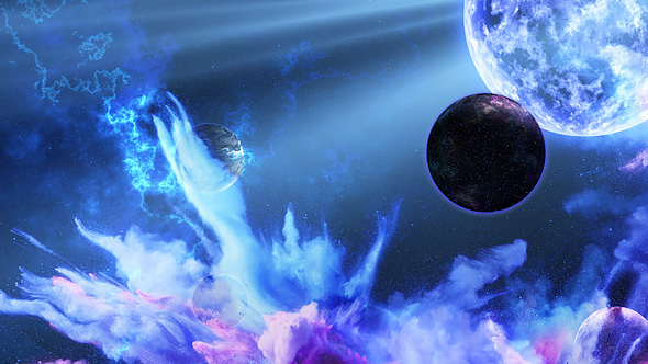 Abstract Nebula in Deep Space with Big Blue Star and Planets and Energy Flares