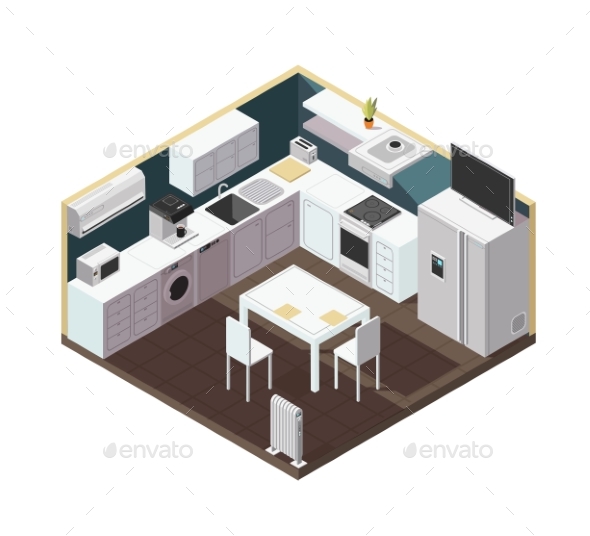 Isometric 3d Kitchen Interior with Household - Man-made Objects Objects