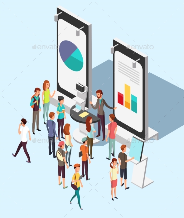 People Crowd at Exhibition Trading Promotion Stand - Objects Vectors