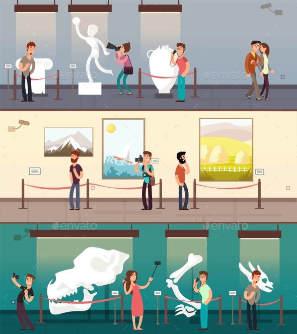 Museum Gallery with Art Pictures, Exhibit - People Characters