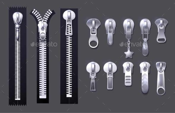Metal and Plastic Fasteners, Zippers. - Objects Vectors