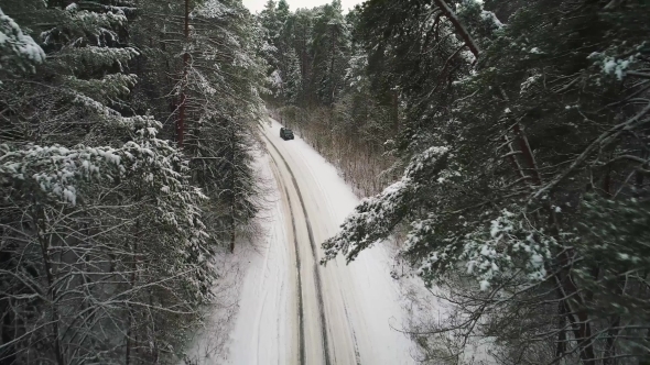 Aerial View of Car Moving in Winter Forest