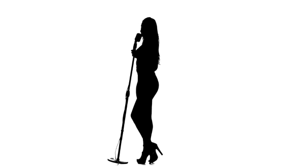 Silhouette of Singer Sexually Moving with a Retro Microphone on White Background alt