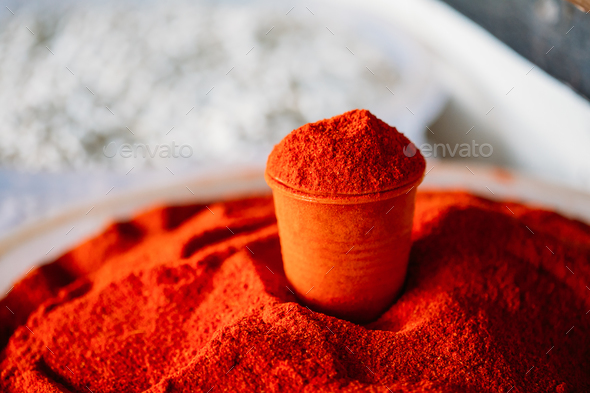 Powdered Cayenne Or Red Hot Chili Pepper On Sale At East Market, - Stock Photo - Images
