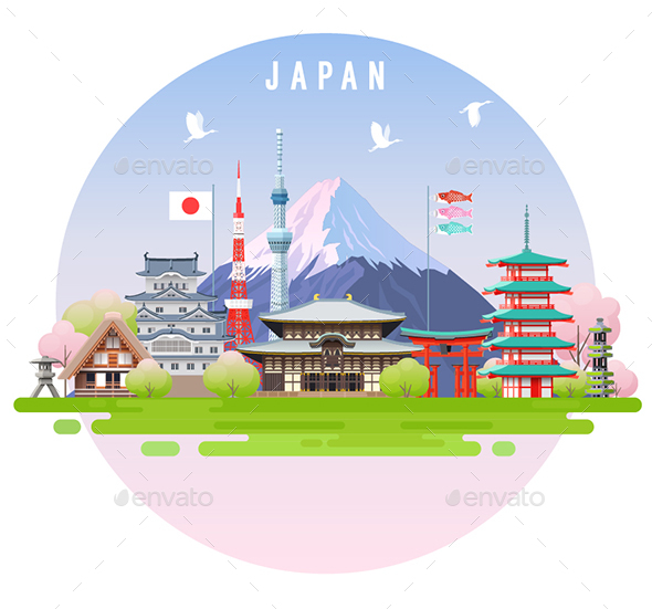 Japan Spring Travel Infographic. - Buildings Objects