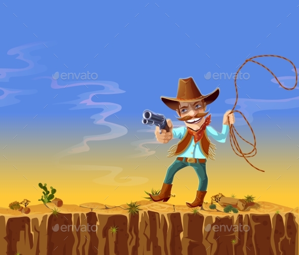 Vector Cartoon American Cowboy with Gun and Lasso - People Characters