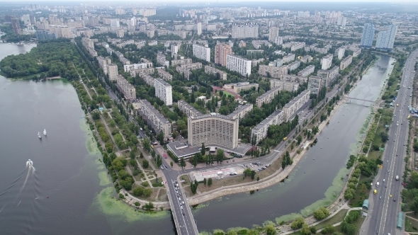 Aerial Drone Footage. Rusanivka District in Kiev, Ukraine