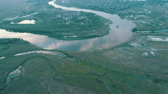 Aerial View. Flying Over the Beautiful River