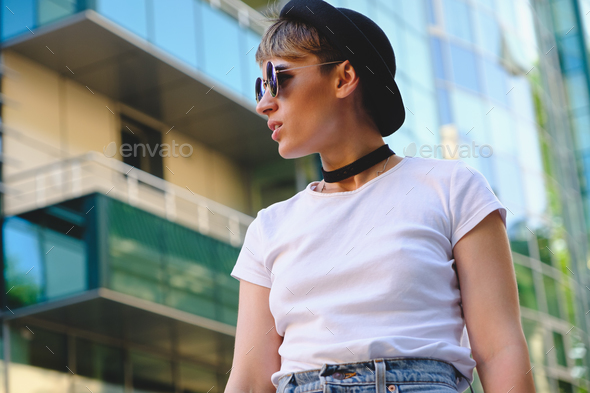 Portrait fashionable woman wearing sunglasses - Stock Photo - Images
