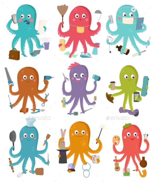 Octopus Occupation Vector Illustration Cartoon - People Characters