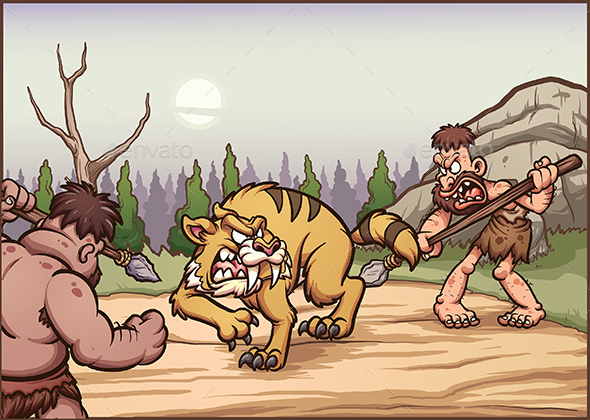 Cartoon Cavemen Hunting Saber Tooth - Animals Characters