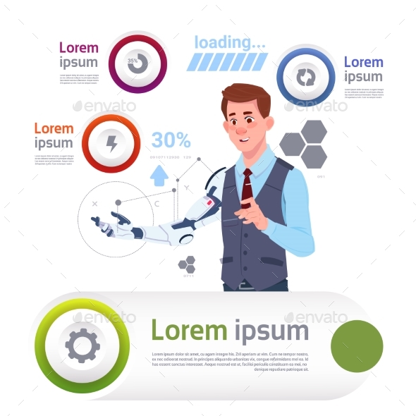 Man With Robotic Hand Over Template Infographics - Technology Conceptual