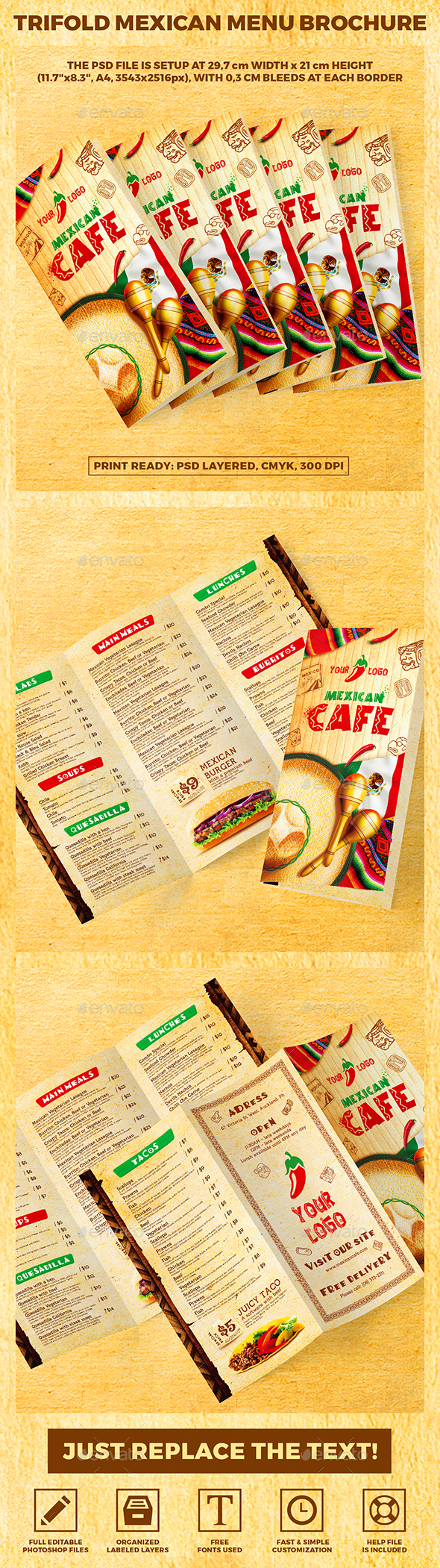 Trifold A4 Mexican Menu Brochure vol.2 - Food Menus Print Templates