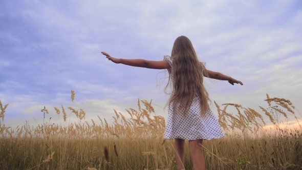 Girl is Teenager, Spread Her Arms Like Wings and Runs Across Field alt