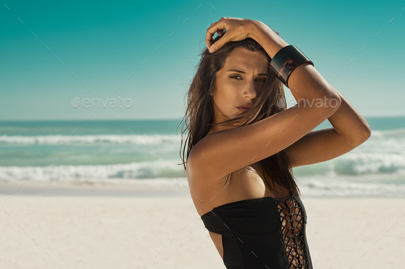 Fashion woman in black swimsuit - Stock Photo - Images