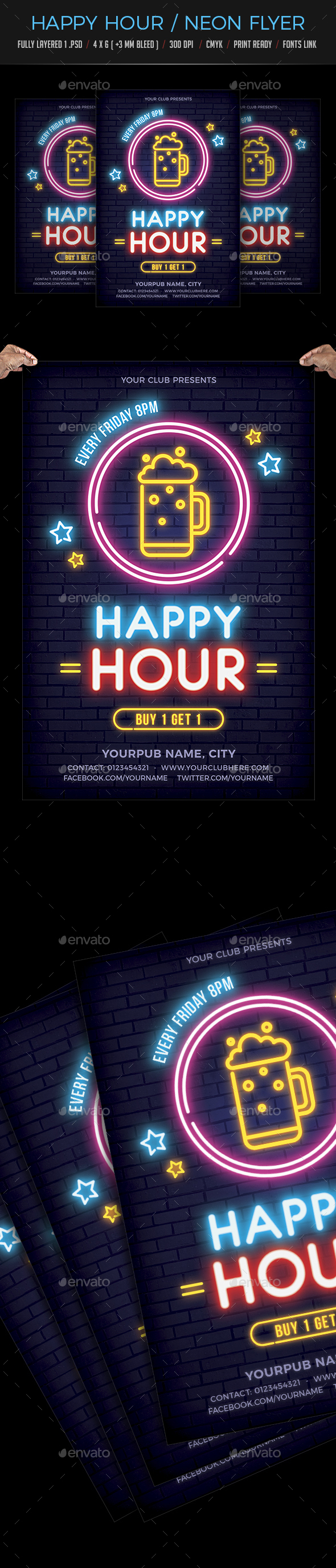 Happy Hour / Neon Flyer - Flyers Print Templates