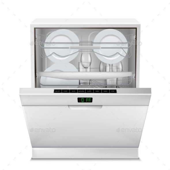 Vector Realistic Dishwasher Machine with Dishes - Miscellaneous Vectors