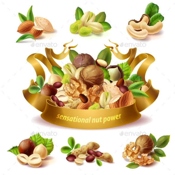 Vector 3D Realistic Set of Different Nuts - Food Objects