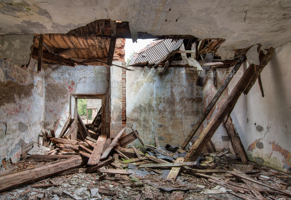 Leaky roof - interior of the old, abandoned and crumbling buildi - Stock Photo - Images