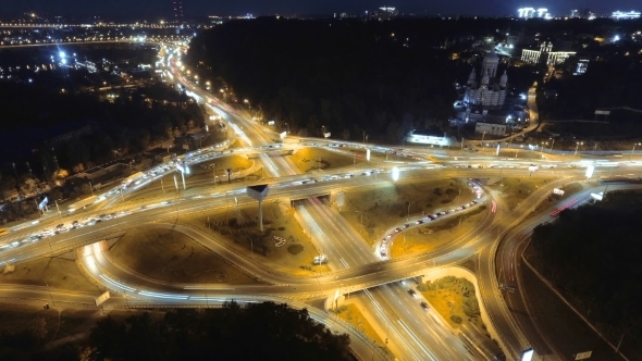 Hyperlapse  of Night City Traffic. Kiev, Ukraine. Vertical Aerial View.