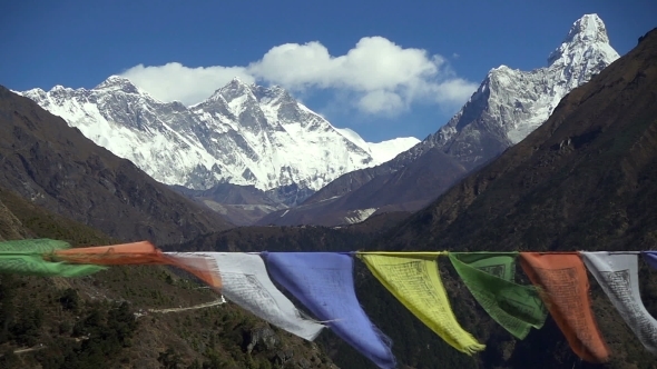 Tibetan Buddhist Prayer Flags Blowing in the Wind