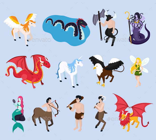 Mythical Creatures Isometric Icons by macrovector | GraphicRiver