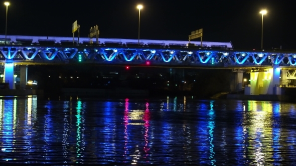 Night Highway Bridge Passing Cars