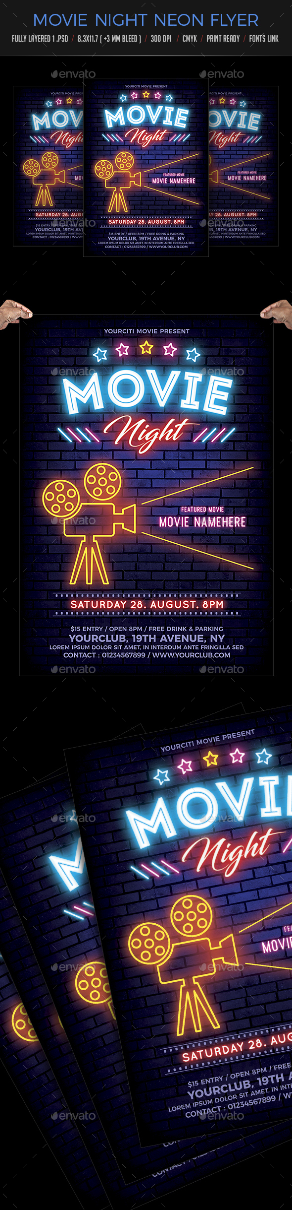Movie Night Neon Flyer - Clubs & Parties Events