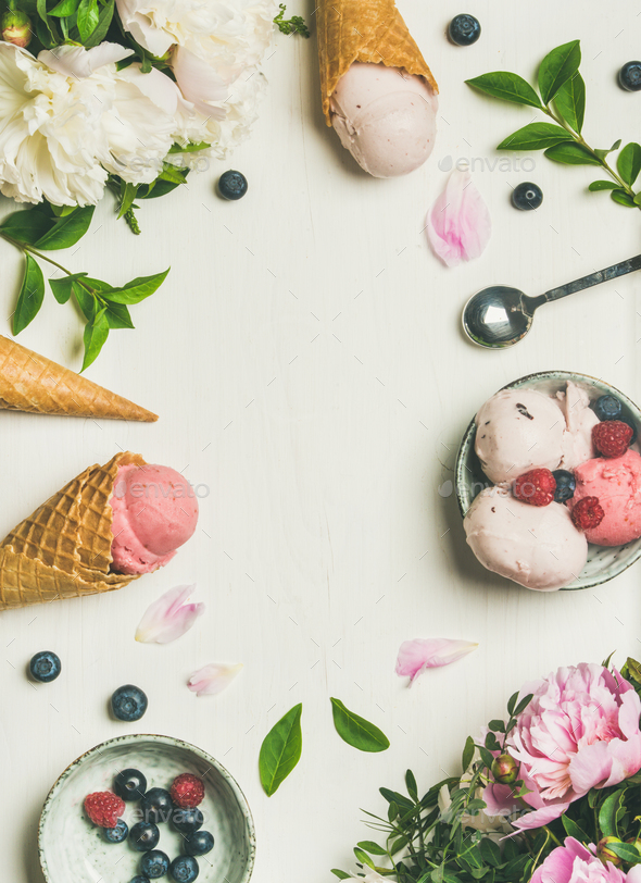 Flat-lay of ice cream scoops and peonies, vertical composition - Stock Photo - Images