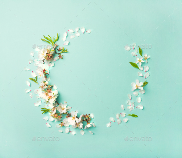 Flat-lay of white almond blossom flowers wreath - Stock Photo - Images