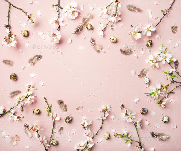 Easter background with eggs, almond flowers and feathers, copy space - Stock Photo - Images