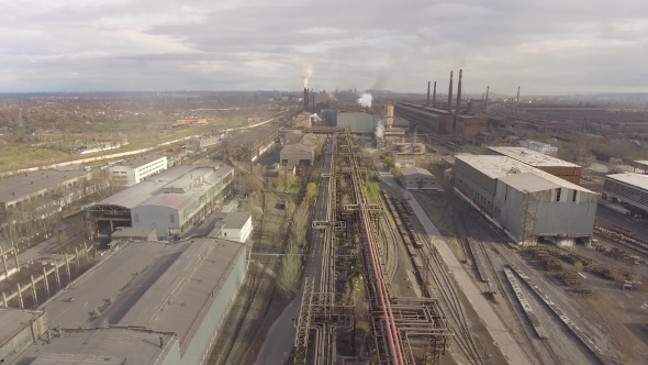 Aerial View of Industrial Steel Plant Aerial Sleel Factory Flying Over Smoke Steel Plant Pipes alt